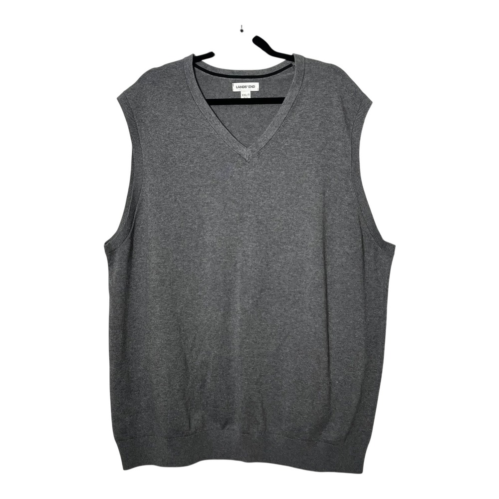 Lands End Mens XXL Tall Gray V-Neck Sweater Vest 100% Cotton 539762 Charcoal